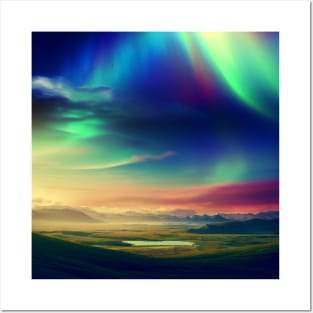 A landscape with a rainbow or aurora borealis in the sky Posters and Art